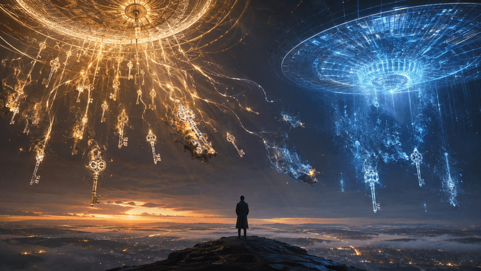 A lone figure on a ridge at dusk between two vast discs hanging in the sky. The golden one spins ordinary threads of light into glowing keys, several crumbling into embers as they fall; the cold blue one dissolves the false keys and lets only a few steady points of white through